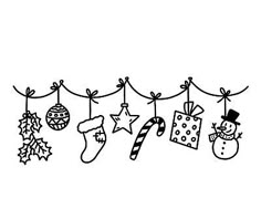 a line drawing of christmas decorations hanging on a string with candy canes and stars