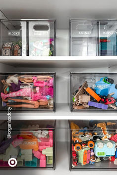 the shelves are filled with plastic containers and toys