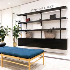 a blue bench sitting in front of a shelf filled with purses