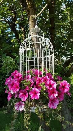 a white bird cage with pink flowers hanging from it