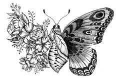 a black and white drawing of a butterfly with flowers