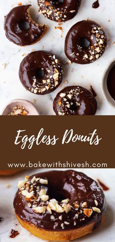 chocolate covered donuts with nuts on top and coffee in the background text reads eggless doughnuts