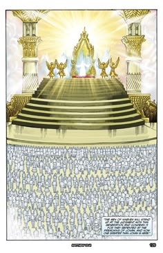 an illustration of the steps leading up to a stage with golden statues on each side