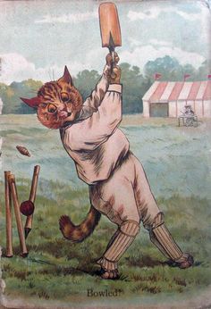 a painting of a cat holding a baseball bat in its paws and hitting the ball with it's head