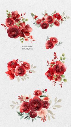 red flowers and leaves are arranged in the shape of a flower arrangement on a white background