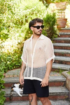 Product Details; -Transparent Crochet Shirt, -This Oversize Crochet Shirt is perfect for hot summer days. Available sizes  S-M-L .Model is wearing S size. -Free Shipping to Worldwide ✈️ -İt is completely hand knitted  -İt is knitted high quality cotton yarn 🧶 -Some of our products are ready to ship and ship within 1-2 days. Some are made to order and will be ready to ship in 1-2 weeks at the latest. -You can customize pattern,color and size of our  all products as you wish. Please contact us vi Crochet Male Shirt, Summer Crochet Men, Half Sleeve Tops For Summer Vacation, Vacation Open Knit Short Sleeve Tops, Short Sleeve Open Knit Tops For Vacation, Vacation Shirt With Relaxed Fit And Half Sleeves, Cotton Half Sleeve Shirt For Beach, Summer Beach Tops With Half Sleeves, Summer Beach Top With Half Sleeves