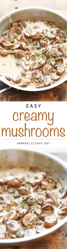 an easy creamy mushroom soup recipe in a pan with the title overlay above it