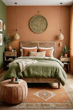 a bedroom with orange walls and green bedding in the center, an ottoman on the floor