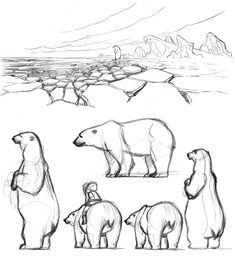 some polar bears are standing in the snow and one bear is looking at something behind them