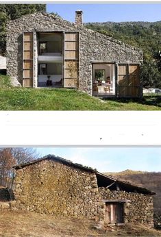 two pictures of an old stone house