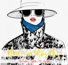 a drawing of a woman wearing sunglasses and a hat with a scarf around her neck