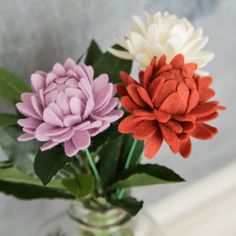 three different colored flowers in a glass vase