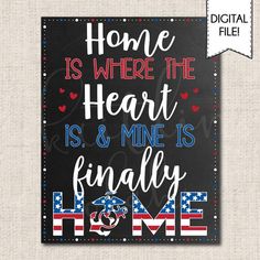 a sign with the words home is where the heart is and mine is finally home