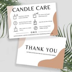 two cards with the words candle care and thank you