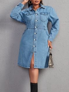 Medium Wash Casual Collar Long Sleeve Denim Plain Shirt Embellished Non-Stretch  Plus Size Denim Denim Dress Style, Belted Denim Dress, Wearable Art Clothing, Womens Denim Dress, Art Clothing