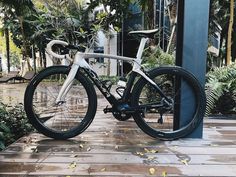 a bicycle parked on the side of a wooden walkway in front of trees and bushes