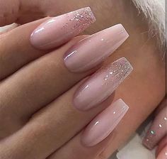 Blush Pink Glitter Nails, Wedding Guest Nails Acrylic, January Birthday Nails 2023, Champagne Bridesmaid Nails, Lite Pink Nails, Faded Nails Ombre, Ballerina Summer Nails, Pretty Nails Simple Classy, Nude Coffin Nail Ideas