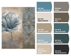 the color scheme for this painting is blue, brown and gray with white flowers on it