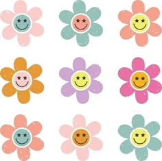 six different colored flowers with smiley faces on them