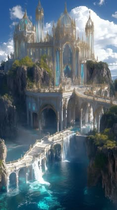 an artistic rendering of a fantasy castle on a cliff overlooking the ocean with waterfalls