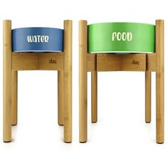 two wooden stools with different colored seats on top of each one and the words'food'written on them