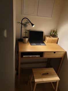 a laptop computer sitting on top of a wooden desk next to a plant and lamp