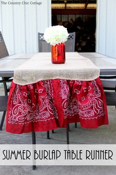 a table with a red and white cloth on it