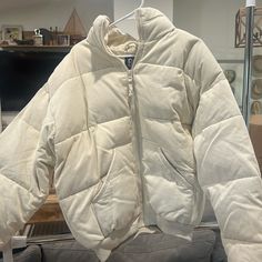 Questions? Leave A Comment Below! Urban Cream Outerwear For Fall, Neutral Puffer Jacket, Cream Puffer Jacket For Winter Weather, Cream Winter Streetwear Outerwear, Zara Cream Puffer Jacket, Coquette Puffer Jacket, White Puffer Jacket Outfit, Cream Puffer Jacket, White Puffer Jacket