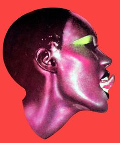 an image of a woman's head with pink and green makeup on red background