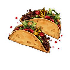 two tacos with lettuce, tomatoes and other toppings on white background