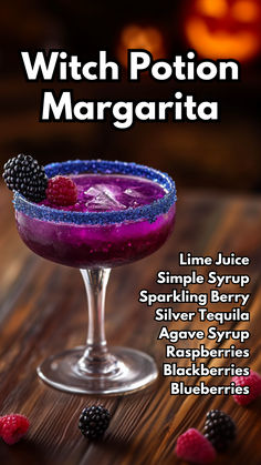 the witch potton margarita recipe is in a glass with berries on it and text that reads