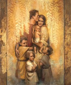 a painting of a family with two children and an adult holding the child in their arms