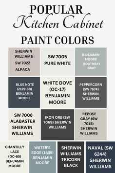 the color scheme for popular kitchen cabinet paint colors, including white dove and grays