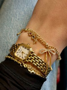 Bracelet Stack Ideas With Watch, Gold Watch Jewelry, Gold Jewelry Stacking, Gold Bracelet Inspiration, Golden Bracelet Stack, Shop The Deli Jewelry, Chunky Gold Bracelet Stack, Gold Jewelry Stack Bracelet, Cute Gold Watch