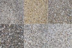 four different types of concrete with various colors and sizes, including brown, gray, white, and green