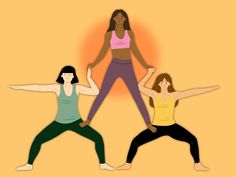 three women doing yoga poses in front of an orange background