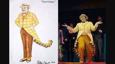 two pictures of people dressed in costumes and one has a drawing of a man wearing a yellow suit