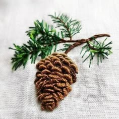 a pine cone sitting on top of a white cloth