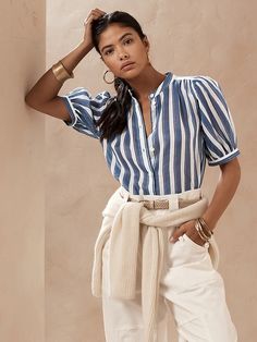 Ramie Blouse | Banana Republic Petite Clothing Stores, Frilly Blouse, Clothing Retail, Best Leggings, Shell Buttons, Look Here, Petite Outfits, Striped Blouse, Buy Dress