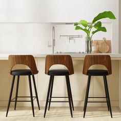 two wooden stools sit in front of a kitchen counter with a potted plant