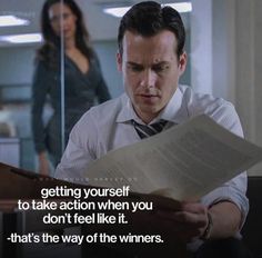 a man reading a book with a woman standing behind him and the caption reads, getting yourself to take action when you don't feel like it that's the way of the winners