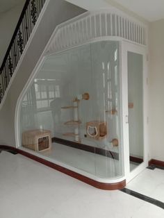 a cat house under the stairs with cats in it's cages and litter boxes