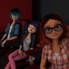 three animated people sitting on a red couch in a movie theater, one with glasses and the other with blue hair