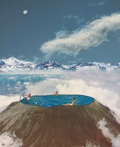 two people are floating in a pool surrounded by clouds and mountains with a half moon