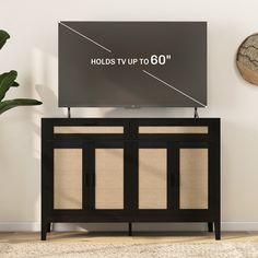 a flat screen tv sitting on top of a wooden cabinet next to a potted plant