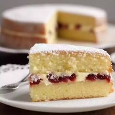 a piece of cake on a white plate with a fork in front of the slice