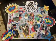 a bulletin board covered in pictures and stickers with the words all about mark on it