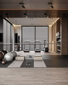 a modern gym with exercise balls and yoga mats