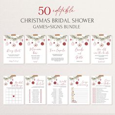 Make your bridal shower unforgettable with this Christmas-themed games and signs bundle, complete with beautiful ornaments and seasonal colors. This design combines the magic of the season with the joy of the upcoming wedding. Perfect for winter bridal showers, this games and signs sets the tone for a cozy and cheerful bridal shower filled with love, laughter, and holiday spirit. This listing is a digital editable game and sign templates download only, no physical product will be shipped. You will receive the access link after purchase to your email (within 15 min). Personalize your design in your browser with Templett, an easy-to-use template editor. No software needed and all fonts and artwork are included in the template. 🚫Please do not log in with Apple ID-it blocks emails   ✅Please m Christmas Bridal Shower Games, Holiday Bridal Shower Ideas, Christmas Wedding Shower Ideas, December Bridal Shower Ideas, Christmas Bridal Shower Ideas, Name That Tune Game, Christmas Bridal Shower, Christmas Bridal Showers, Date Night Games