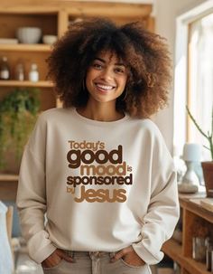 Brighten your wardrobe and your day with our "Today's Good Mood is Sponsored by Jesus" apparel! Perfect for expressing your faith in style, this inspirational piece is available in various styles to suit your preferences: - **Sweatshirt** - **Hoodie** - **Long Sleeve** - **Short Sleeve** Choose between a classic crew neck or a stylish V-neckline. **Ordering Instructions When placing your order, please specify: - **Size (e.g., Large) - **Color (e.g., Beige) - **Material (e.g., Sweatshirt) **Featu Cool Shirt Ideas, Jesus Apparel, Christian Shirts Designs, Jesus Sweatshirts, Summer Sweatshirt, Over 60 Fashion, Cute Shirt Designs, School Clothes, Sweat Shirts